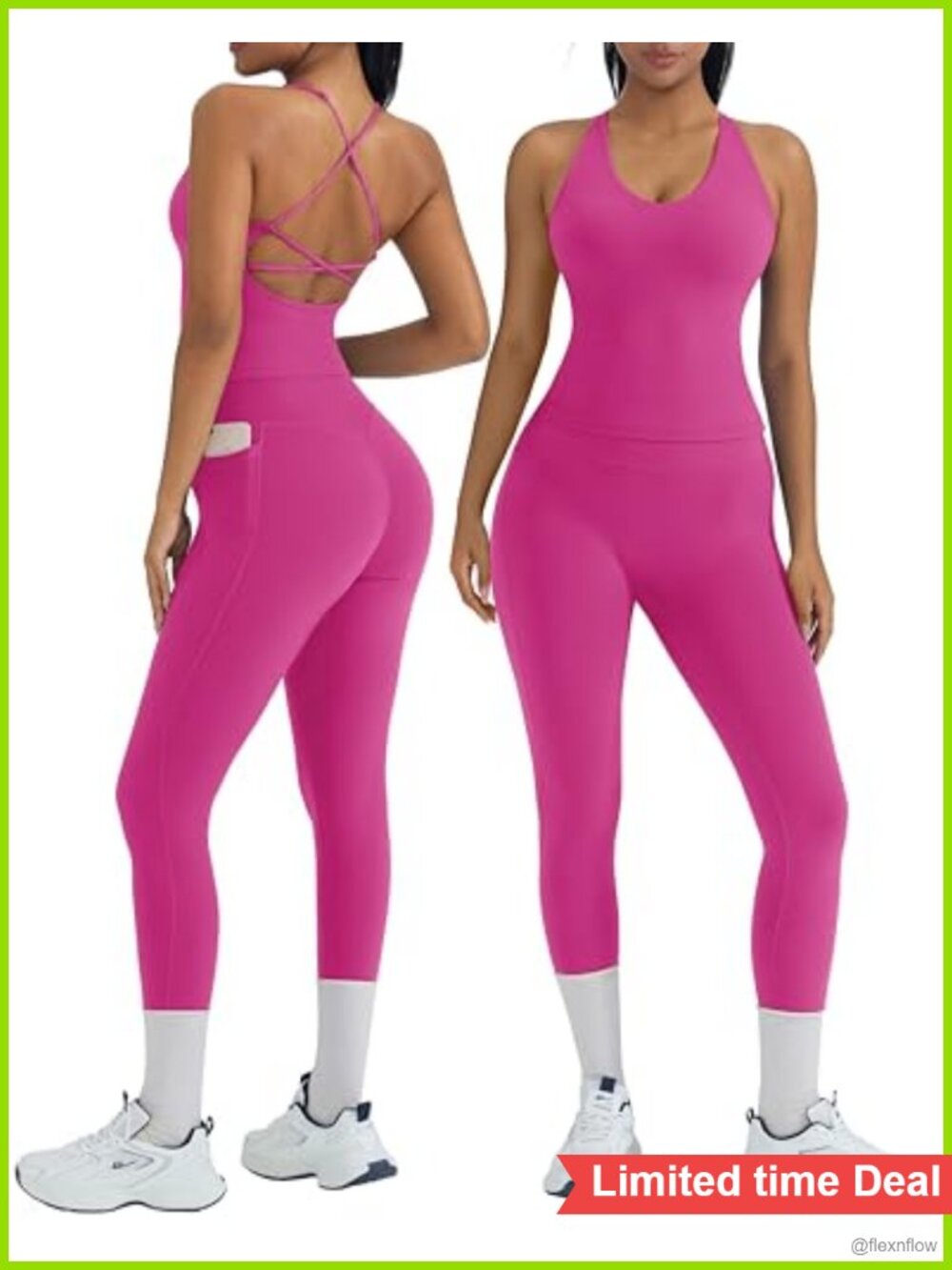 2 Piece Workout Set Backless Sports Bra Halter Tank Top Leggings Pockets